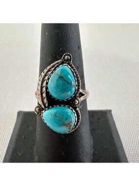 1970s Native American 925 Silver Double Turquoise Ring Two Stone Size 8